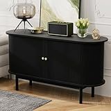 VIEKOS Retro Modernes Holz Sideboard,Lamellen Schrank Sideboard mit Schiebetüren und Kiefernholzbeinen, 138cm Schrank mit verstellbaren Einlegeböden fur Esszimmer, Küche, Flur, Schwarz