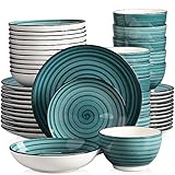 SGKOMN Rundes Tellerset 24/48-teilig Handbemalte Spiralen Steinzeug Tafelservice Kombiset mit Schüssel Dessertteller Suppenteller(D-48pcs)