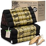 livasia Thaikissen 3 Auflagen Thaiseide - 175x55x8cm - Dreieckskissen mit Klappmatratze, Rückenkissen faltbar, Thaimatte zum Klappen, Kapok handgefertigt, Meditationskissen (Schwarz/Elefanten Seide)