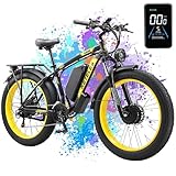 QIKAITU E Bike, 23A/1104Wh Akku Elektrofahrrad Ebike mit Telefonhalter, E Fatbike mit 26' x 4.0 Tire, 250W E-Bike 90KM Range 21-Gang Hydraulische Scheibenbremsen LCD-Anzeige (Gelb)