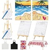 Yeaqee 13-teiliges Set mit Trink- und Malerei-Set, Valentinstag, Paar, Malset, Leinwand, Malerei-Set, vorgezeichnet, blanko, Stretch-Leinwand-Set für Paare, Verabredungen, Nachtpartys (Strand, 25,4 x