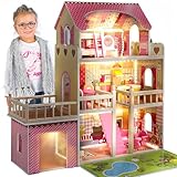 Kinderplay Puppenhaus aus Holz – Große 3‑Etagen‑Villa mit Garage & Garten – LED-Licht, 17 Möbel – Für Kinder ab 3 Jahren, Puppen bis 30 cm – 90 cm hoch