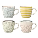 Bloomingville Patrizia Tassen 4er-Set – 220 ml Steingut-Kaffeetassen im nordischen Design, handglasiert in Blau, Gelb, Rot & Grün – stilvoll, robust & spülmaschinengeeignet
