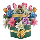 Pop up karte blumen,3D geburtstagskarte frau,Lilien und Tulpen muttertag karte,Geburtstagskarte mit Notizkarte und Umschlag,Geeignet Für Muttertag,Geburtstag,Valentinstag