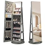 COSTWAY Schmuckschrank mit LED, Spiegelschrank 360° drehbar, mit rahmenlosem Ganzkörperspiegel, Schmuck-Organizer abschließbar, Schmuckaufbewahrung (Grün)