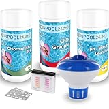 Meinpool24.de Wasserpflege Set Chlor Starterset I 1,0 kg Chlorgranulat schnelllöslich|1,0 kg Chlormultitabs 20 g|1,5kg pH-Minus Granulat|1 Dosierschwimmer|1 Wassertestkit pH/Cl|Wasserpflegeanleitung