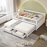 Dolamaní Kinderbett 140x200 cm mit Ausziehbares Bett, Bodenbett mit 2 Schubladen Darunter, Ausziehbett mit Lattenrost, Gästebett Jugendzimmer Kojenbett ohne Matratze (Weiß)