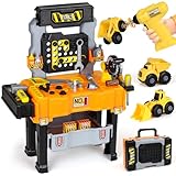 Lehoo Castle Werkbank für Kinder ab 2 Jahre, Werkzeug Set mit Elektro-Bohrmaschine & 2 abnehmbaren Baustellenfahrzeugen, Werkzeugkoffer Lernspielzeug ab 2-4 Jahre Junge