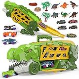 Aoskie Dinosaurier Spielzeug LKW für Jungen ab 3 4 5 6 7 8 Jahren, 2-in-1 T-Rex Transporter Auto, Spielzeugtruck mit 6 Rückzieh-Dinoautos & Dinofiguren, Geschenk für Kinder