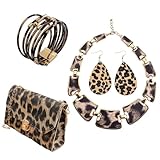 ZORESCOLEO Stilvolles Schmuck-Set mit Leopardenmuster, Geldbörse, Ohrringe, Armband, Halskette, modisches Tiermuster-Accessoire für Damen