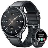 Smartwatch Armbanduhr Fitnessuhr Wasserdicht Uhr: Smartwatch Herren mit 1,43' AMOLED Touchscreen Rund Blutdruck Herzfrequenz Sport Schrittzähler Telefonfunktion lederarmband Herrenuhr fuer Android iOS