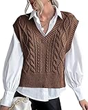 Tongmingyun Pullunder Damen Ärmellos V-Ausschnitt Strick Pullover Basic Strickweste Einfarbig Tank Top für Business Freizeit Sweater Weste Frauen Kaffee M