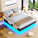 Brinlawb Bett 140x200 mit Lattenrost aus Holz, Bettgestell 140x200 cm mit LED Beleuchtung, Polsterbett 140x200cm Bett mit Grauem Leinen, Robust und Stabil, Schwebebett 140x200 perfekt für Schlafzimmer