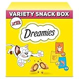 DREAMIES Katzensnacks - 12x60g - mit Huhn, Käse und Lachs - Traumhaft knusprige Katzen Leckerlies mit zarter Füllung - Variety Snack Box