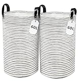 WPPQWP Faltbarer Wäschekorb, Laundry Baskets 60L (2er Set), Runder Wäschetonne mit Verstärkten Nieten PU-Ledergriffen, Groß Wasserdicht Wäschesack, für Badezimmer(Schwarz-Weiß Gestreift)