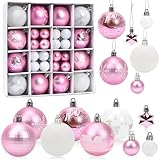 Weihnachtskugeln Rosa Weiß, 44 Stück Christbaumkugeln Kunststoff Set, Weihnachtsdeko Kugeln Stern, Christbaumschmuck Große & Kleine, Weihnachtsbaumschmuck Weihnachtsbaum Deko