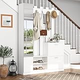 135*25*180cm Garderoben-Set mit Spiegel, Flurschrank, Hängeschrankregal, Kompaktgarderobe, Mit 2 unteren Klapptüren-Schuhschränken + 2 Aufbewahrungsschränke, Geeignet für Türöffnungen, Flure,Weiß