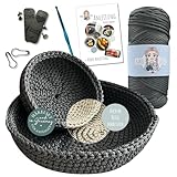 HÄKEL LIESE Häkelset für Anfänger - Schale Deko, Häckel Box Anfänger, mit Häkelwolle, crochet set, Häkelset Anfänger, Schalen Set Häkeln Geschenk Teenager, Häkelset, Häkel Set häkeln lernen (Grau)