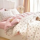 Sedefen Bettwäsche 135x200cm Weiß Rosa Blumen Blätter Bettbezug Bunt Floral Pflanzenmuster Wendebettwäsche Set Microfaser Mädchen Bettwaren-Set mit Reißverschluss und Kissenbezug 80x80cm