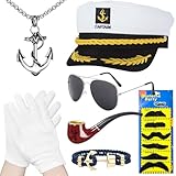 SOETDERT Yacht Kapitän Hut Kapitänsmütze Kostüm Set, Verstellbare Kapitänsmütze, Matrosenmütze, Sonnenbrille, Marine Hut Kapitän Accessoires für für Karneval Mottoparty Party Cosplay