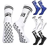 Apricitie 3 Paare Fussball Socken Kinder Fußballsocken Anti Rutsch Grip Jungen Fußball Socken Rutschfeste Sportsocken für Fussball Basketball Laufen Rugby Tennis(M, Weiß+Schwarz+Blau)