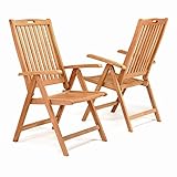Divero 2er Set Gartenstuhl Hochlehner Klappstuhl Teakstuhl – Teakholz Stuhl 5-Fach verstellbar – wetterfest stabil klappbar behandelt – Natur-braun