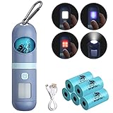 Hundekotbeutelspender mit LED-Taschenlampe Wiederaufladbar und Metallkarabiner für Das Gehen im Freien 75 PCS Biologisch Abbaubare Lavendel Duftende Wickeltaschen zur Langzeitanwendung Blau