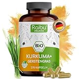 Raibu Kurkuma Gerstengras Kapseln Bio (270 x 700 mg) - In Deutschland produziert - Gerstengras Kurkuma Kapseln Hochdosierte - im Verhältnis 2:1 - Vegan & Ohne Zusätze