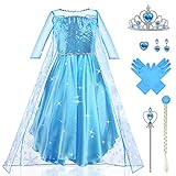 URAQT Kostüm Kinder Mädchen, 9-teiliges Set Kleid Kinder mit Krone Diadem Handschuhe Zauberstab für Weihnachten Verkleidung Karneval Halloween Geburtstag Party(120)