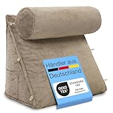 ELONEO Rückenkissen mit Abnehmbarer Nackenrolle und Seitentasche,Keilkissen, Rückenstützkissen, Lesekissenfür Bett, Bezug waschbar, beige