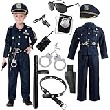 Polizei kostüm,Polizei Kostüm Kinder,Polizistenkostüm Und Faschingskostüme Für Kinder,Polizeikostüm Inklusive Hemd,Hose,Hut,Gürtel,Handschellen Und Holster,Pfeife,Cosplay-Polizei Für Kinder 11pc
