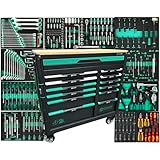 ViMa24 XXL Werkzeugwagen bestückt | Green-Line Werkstattwagen 13 Schubladen 11 gefüllt | KFZ Werkzeugkasten gefüllt mit Werkzeug | abschließbar und Rollen Werkzeugkiste