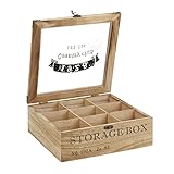 ToCi Teebox Holz Natur mit 9 Fächern | Quadratische Teekiste Teedose Teebeutel Box Aufbewahrung | 24 x 24 x 8,5 cm (LxBxH) | Storage Box im Retro Look