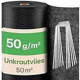 Praknu Unkrautvlies Gartenvlies 50m² mit 24 Erdankern - 50g/m² Wasserdurchlässig - Leicht zu Verlegen - Reißfest und UV-Stabile Unkrautfolie gegen Unkraut