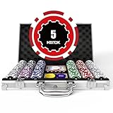 HEITOK Pokerchips-Set mit Wertigkeiten, 300 Stück 11,5g professionelle nummerierte Chips mit Aluminiumkoffer, inklusive 5 Würfeln & 2 Kartenspielen für Texas Hold'em