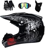 Full Face MTB Motocross Helmet Set, Off Road ATV Scooter Motorbike Helmet with Goggles Gloves Mask, Downhill Enduro Quad Dirt Bike Crash Helmet(Black,L(56~57cm))