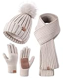 FISFET Mütze, Schal & Handschuh-Sets für Damen, Beanie Mütze Damen Winter mit Bommel Fleece Gefütterte, Touchscreen Handschuhe Schal Wärmer Cap 3 in 1 Geschenk Set(Haferflocken)