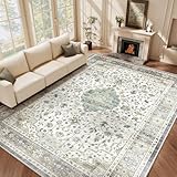 HOMFINE Vintage Teppich Wohnzimmer Waschbar - Kurzflor Waschbarer Teppich Super Weich rutschfest Blumen Design Groß Wohnzimmerteppich für Schlafzimmer Esszimmer Beige Grün 160 x 230 cm