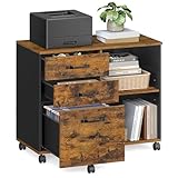 VASAGLE Rollcontainer, Aktenschrank, mit 3 Schubladen und Rollen, offene Fächer, für Dokumente in DIN A4-, Letter-Format, Druckerständer, Industrie-Design, vintagebraun-schwarz OFC041B01