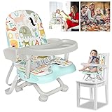 Aufun Boostersitz Faltbarer , Sitzerhöhung Stuhl für Kinder mit abnehmbarem Tablett und Sicherheitsgurt, nur 2,5 kg Schwer, Portable verstellbarer Kindersitz für zuhause und unterwegs (Grün)