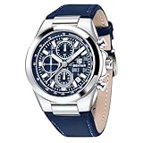 BENYAR Quarzwerk Chronograph 30M Wasserdicht Leuchtendes Datum Klassisches Lederarmband Herrenuhren(Silber Blau)