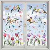 9 Stück Fensterbilder Frühling Selbstklebend, Fensterdeko Frühling, Fenstersticker, Frühlingsdeko Fenster, Vogel Blumen Aufkleber Fenster Fensterbilder Kinder, für Wohnzimmer Büro Schlafzimmer