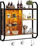 Bestier LED Küche schwimmende Regale, 84cm industrielle Rohr Regale mit verstellbaren Glasböden, Wandregal mit 6 S-Haken Handtuch Bar, Wein Kaffee Bar Regal für Raumdekoration rustikal, Braun