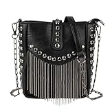 MilyaDE Damen Kette Fransen Nieten Umhängetasche Punk Clutch Schultertasche Fransentasche mit Ketten Umhänge Gurt, Vertikal