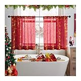 EAZHOP Weihnachts Vorhang Gardinen Halbtransparent 2er Set, Voile Vorhänge mit Stangedurchzug Kinderzimmer Weihnachtsdeko Gardinen, Weihnachtsgardinen, Goldene Weihnachtsbaum (Rot, 107 * 217cm)