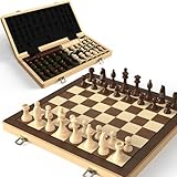 38 cm Holz Klapp-Schach- und Dame-Set, 2-in-1 Brettspiel, 7,6 cm König Staunton Figuren, 2 zusätzliche Damen (Black)