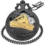 Tiong Herren Taschenuhr Lokomotive Quarz arabische Ziffer weißes Zifferblatt Taschenuhr mit Kette Schwarz Gold, Cf-new14