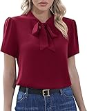 Yommay Damen Bluse Sommer Dressy Chiffon Tops Kurzarm Tunika Shirt Krawatte Hals Oberteile Elegant T Shirts,Weinrot,L