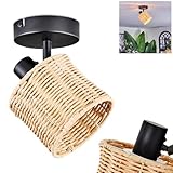 HOFSTEIN Deckenleuchte Cavaca, Deckenlampe aus Metall/Rattan in Schwarz/Natur, verstellbare Leuchte im modernen Boho-Design (Schirm Ø 12 cm), 1 x E14, Esszimmer, Wohnzimmer, Schlafzimmer, Küche, Flur