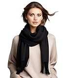LA FERANI Damen Kaschmir Schal Herbst Winter 185x65 Weiß Kaschmirschal Schwarz Pashmina Tuch Wollschal Wolle Uni Farbe Damenschal Geschenk für Sie (Schwarz)